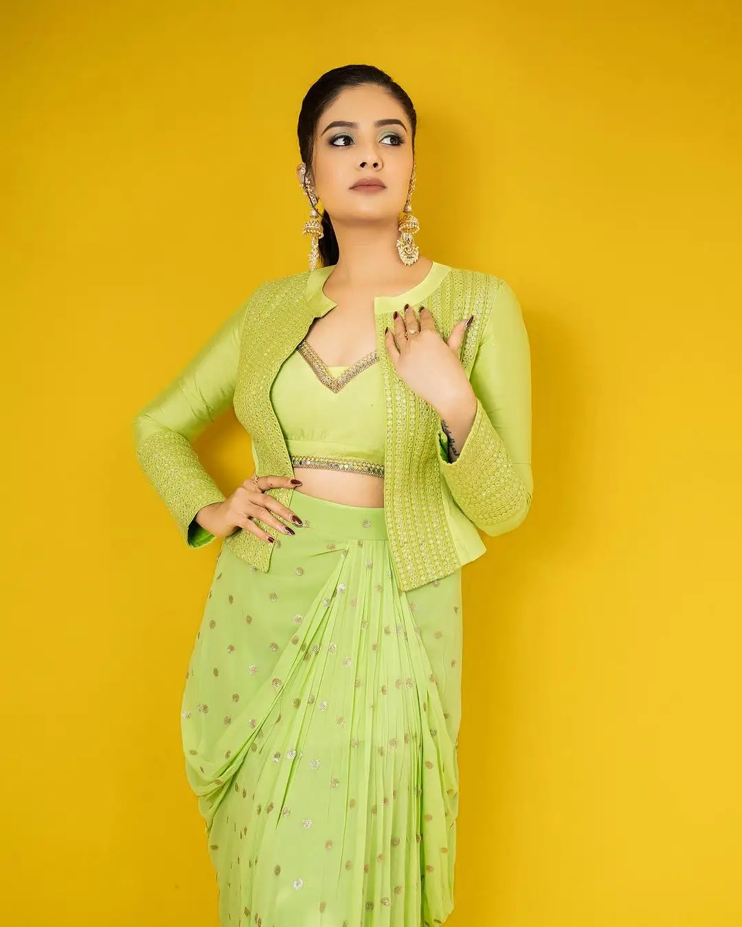 Gemini TV Actress Sreemukhi in Green Lehenga Choli